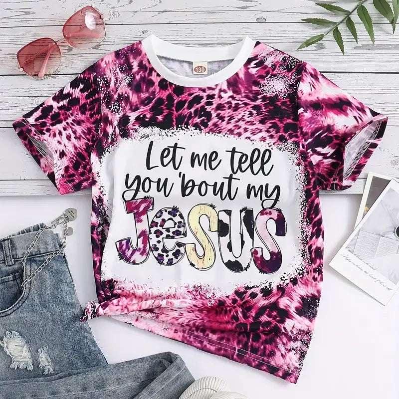 Girls Casual Crew Neck "JESUS" Graphic Short Sleeve T-shirt Leopard Print Christian Tops Tee Summer Fashion Kids Clothes