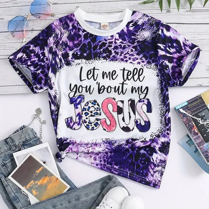Girls Casual Crew Neck "JESUS" Graphic Short Sleeve T-shirt Leopard Print Christian Tops Tee Summer Fashion Kids Clothes